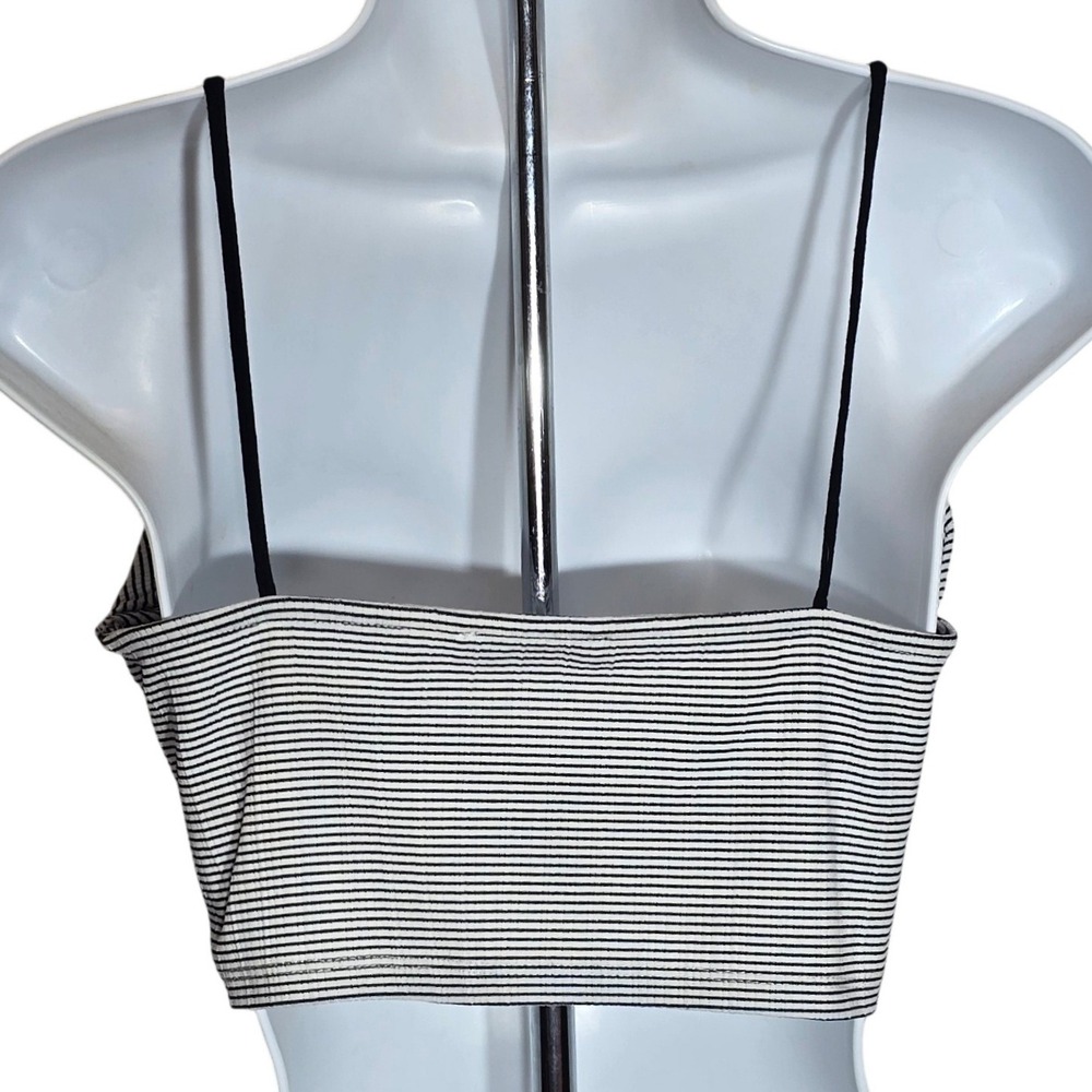 Zara‎ Trafaluc Womens Black White Striped Ribbed V-Neck Crop Top Y2K Cami Sz L - Picture 2 of 7